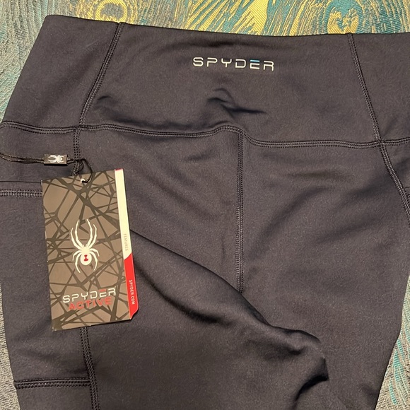 NWT Spyder Active Women's High Rise Tech Fleece Lined Navy Blue Leggings Sz L - Picture 2 of 8